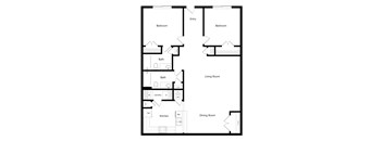 A floor plan of a house with two bedrooms, a living room, a dining room, a kitchen, a bath, a laundry room, and a utility space.
