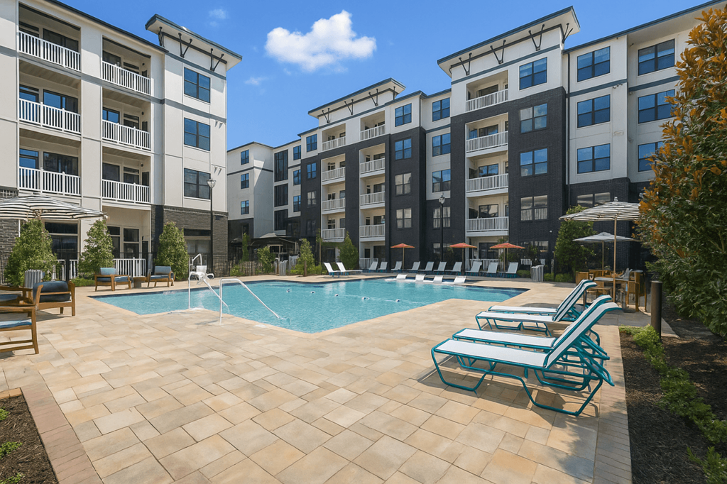 A swimming pool surrounded by sun loungers and apartment buildings.