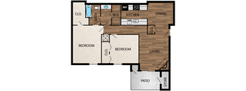 floor plan image of 950sf 2 bedroom 1 bath upgraded with wood like plank flooring