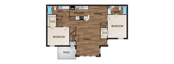 floor plan image of 1144sf 2 bedroom 2 bath upgraded with wood like plank flooring