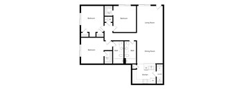 A floor plan of a house with labeled rooms such as Bedroom, Living Room, Dining Room, Kitchen, and Bath.