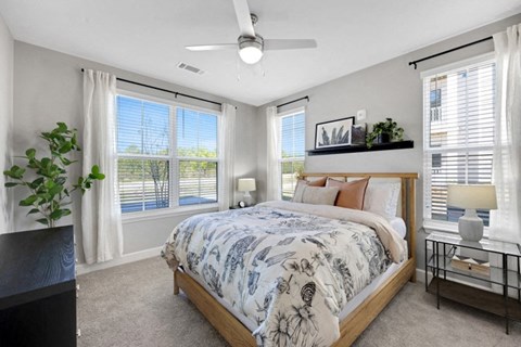 Spacious apartment bedroom with contemporary finishes at Argento at Riverlights in Wilmington, NC