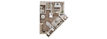 A top-down view of a well-organized apartment with a kitchen, living room, and bedroom.