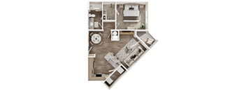 A top-down view of a modern apartment layout.