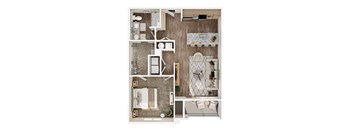 A top-down view of a small apartment with a kitchen, living room, and bathroom.
