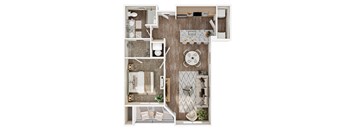 A top-down view of a small apartment with a kitchen, living room, and bathroom.