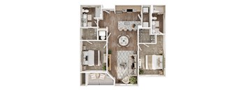 A top-down view of a small apartment layout with a kitchen, living room, and bathroom.