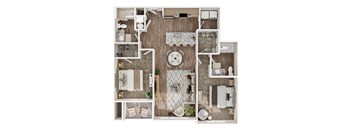 A top-down view of a small apartment layout with a kitchen, living room, and bathroom.