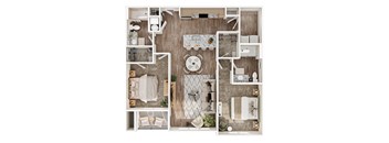 A top-down view of a well-organized, modern kitchen and living room.