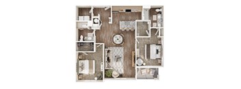 A top-down view of a small apartment layout with a kitchen, living room, and bathroom.