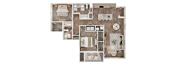 A top-down view of a house layout with multiple rooms and furniture.