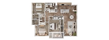 A top-down view of a small apartment layout with a kitchen, living room, and bathroom.