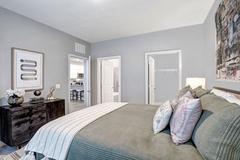Spacious bedroom with walk-in closet at Argento at the Bridges apartments in McDonough GA