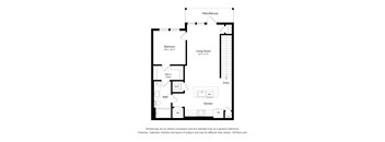 A floor plan of a house with a bedroom, living room, kitchen, bath, and walk-in closet.