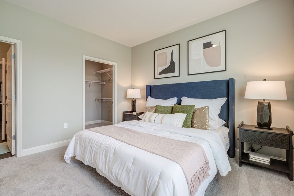 bedroom with plush carpet, white trim and taupe walls, bed with blue velvet headboard and two lamps on either side nightstand, walk-in closet and entry to the bathroom
