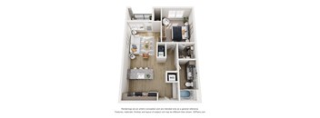 A 3D floor plan of a small apartment with a kitchen, living room, and bathroom.