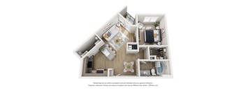 A 3D floor plan of a house with a kitchen, living room, and bathroom.