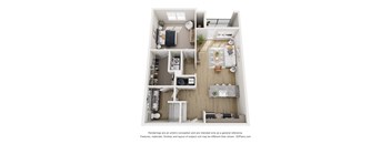 A 3D floor plan of a small apartment with a kitchen, living room, and bathroom.
