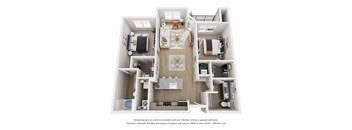 A 3D floor plan of a house with a kitchen, living room, and two bedrooms.