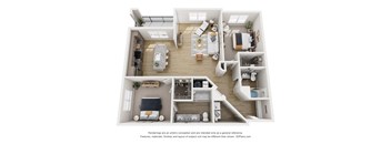 A 3D floor plan of a house with a kitchen, living room, and bedrooms.