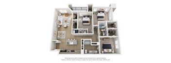 A 3D floor plan of a house with multiple rooms and furniture.