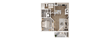 A top-down view of a well-organized apartment with a living area, kitchen, and bathroom.
