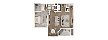 A top-down view of a well-organized apartment with a kitchen, living room, and bathroom.