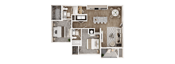 A top-down view of a house layout with a kitchen, living room, dining area, and bathroom.