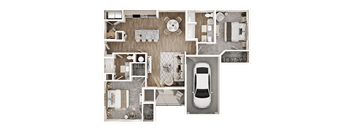 A top-down view of a house layout with a car parked outside.