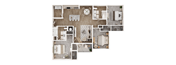 A top-down view of a house layout with various rooms and furniture.