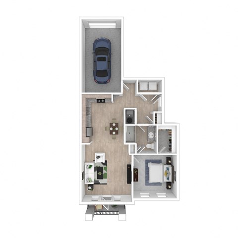 A3.1 Attached garage one bedroom one bathroom 3D floor plan with furniture arranged