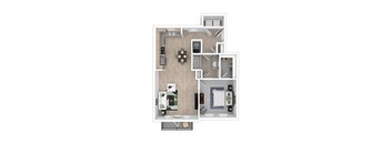 A3 one bedroom one bathroom 3D floor plan with furniture arranged
