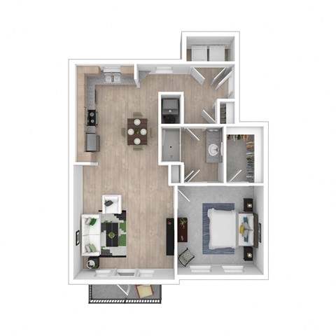 A3 one bedroom one bathroom 3D floor plan with furniture arranged