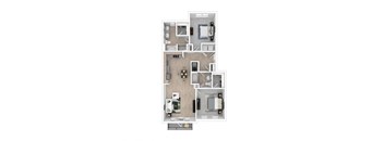 2 bedroom 2 bathroom 3D floor plan with furnishings