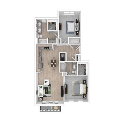 2 bedroom 2 bathroom 3D floor plan with furnishings