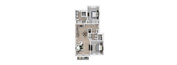 3D floor plan with furniture laid out of B1 two bedroom 2 bathroom unit