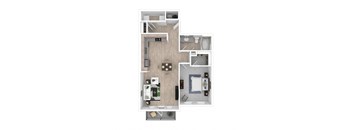 A2A one bedroom one bathroom 3D floor plan with furniture arranged