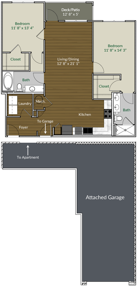 Floor Plan of B2 - 2 bedroom 2 bathroom 1,113 sq ft at Apartments @ Eleven240, North Carolina