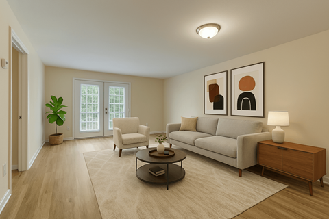 Spacious apartment living room with comfortable seating at Canterbury Apartments in Myrtle Beach, SC