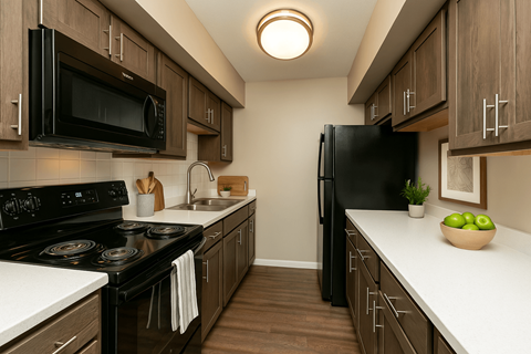 A black refrigerator stands in a kitchen with wooden cabinets and a black stove.