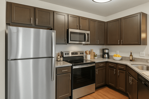 A kitchen with a stainless steel refrigerator and brown cabinets.