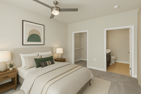 Apartment bedroom with ceiling fan and spacious layout at Wellsley Park in Knoxville, TN