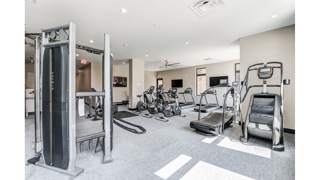 A gym with a variety of equipment including a treadmill, weights, and a bench press.