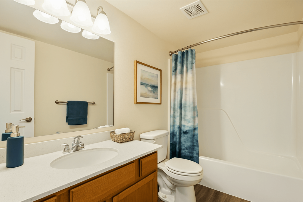 A bathroom with a white sink, toilet, and bathtub.