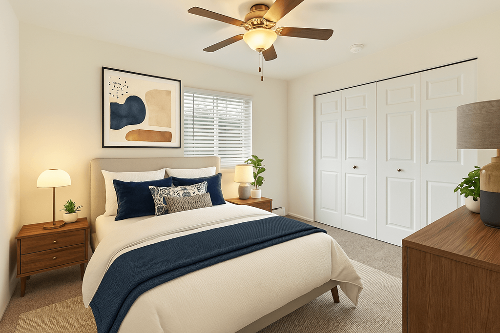 A bedroom with a bed, a ceiling fan, and a nightstand with a lamp.