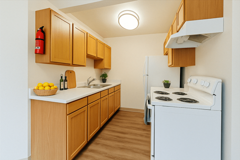 A kitchen with wooden cabinets and a white refrigerator.