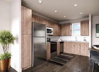 Rendering of the kitchen shows luxury vinyl plank flooring and wood grained cabinets.  There is a white backsplash with a gooseneck faucet.  There is recessed lighting and stainless steel appliances.
