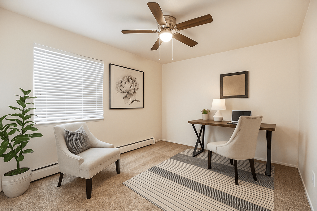 A room with a ceiling fan, a chair, a desk, and a potted plant.