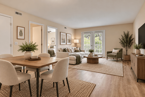 Open-concept apartment living and dining area with plank flooring at Canterbury Apartments in Myrtle Beach, SC