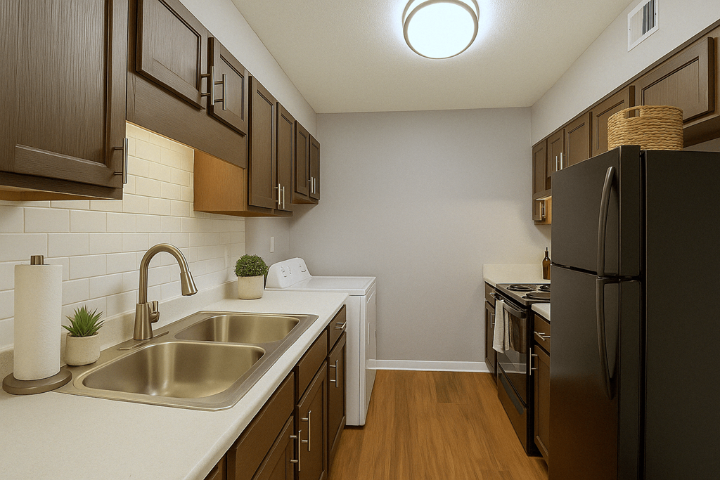 A kitchen with a black refrigerator and brown cabinets.